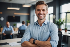 Happy Post Exit Business Founder Standing with Arms Crossed